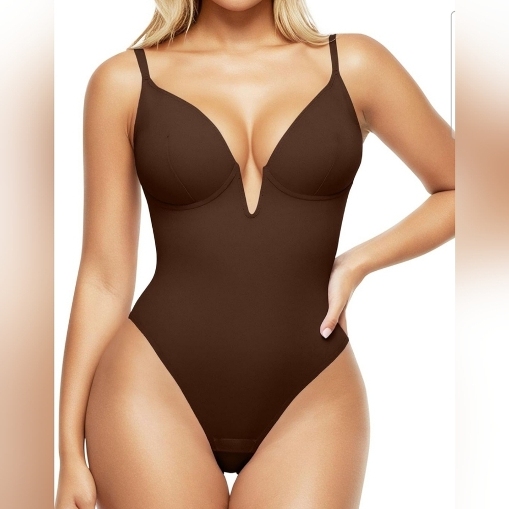 Popilush Women's Brown Corset Deep V Shapewear Tummy Conyrol Bodysuit Size 2XL